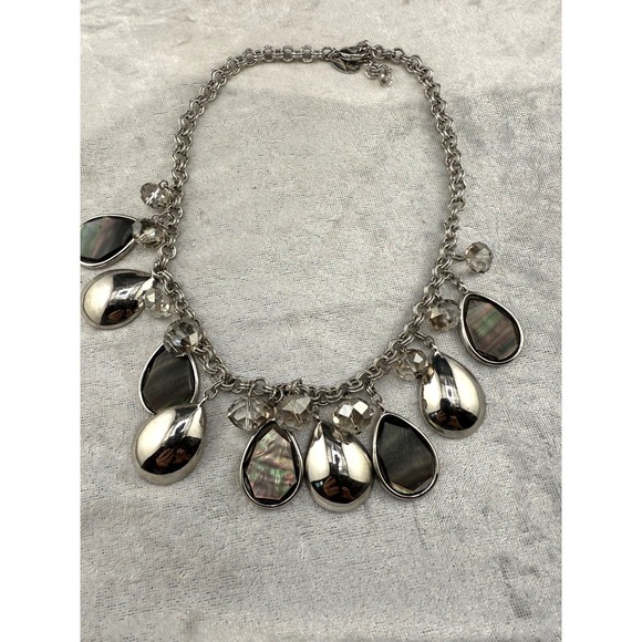 White House Black Market Necklace Bib Statement Shell Look Silver Tone 16" - Picture 2 of 8